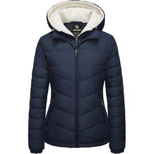 Women's Fabric Fleece Hooded Blue Puffer Quilted Jacket Coats Winter Warm